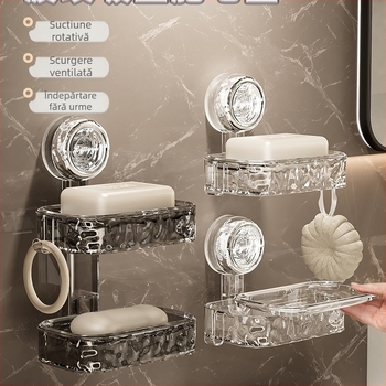 Raft de depozitare pentru săpun cu ventuză, montat pe perete, 2 etaje, capacitate de încărcare 5-10 kg, plastic