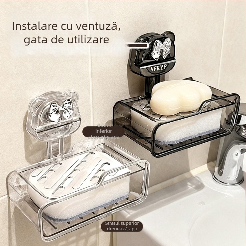 Suport de săpun montat pe perete cu ventuză puternică, fără găuri, tavă de drenaj pentru baie