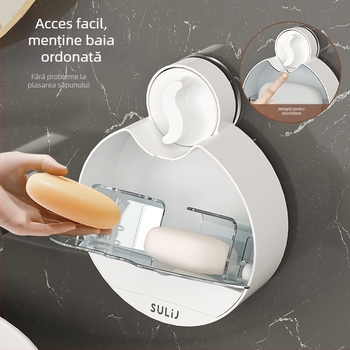 Suport de săpun montat pe perete cu ventuză și capac rabatabil, din plastic, drenaj pentru baie