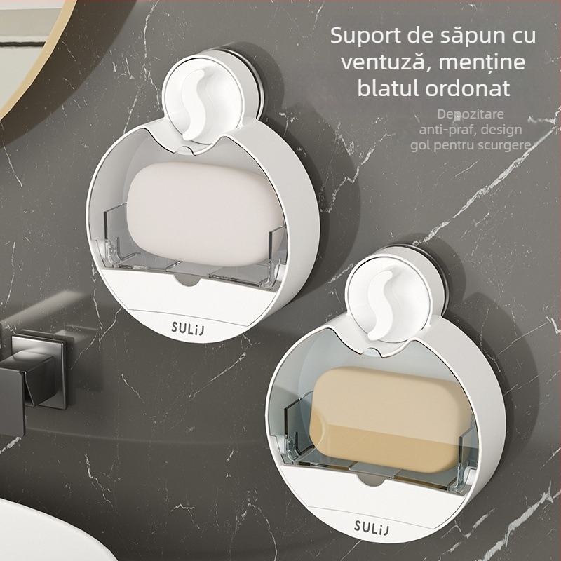 Suport de săpun montat pe perete cu ventuză și capac rabatabil, din plastic, drenaj pentru baie
