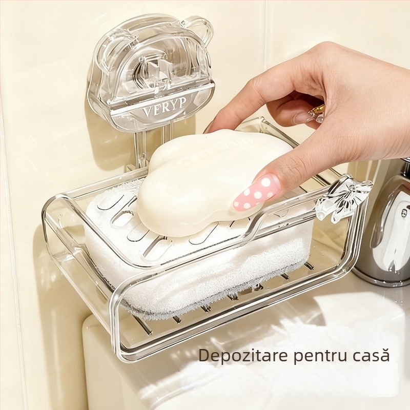Cutie pentru săpun montată pe perete, cu ventuză, din plastic, baie, cu zonă de drenaj