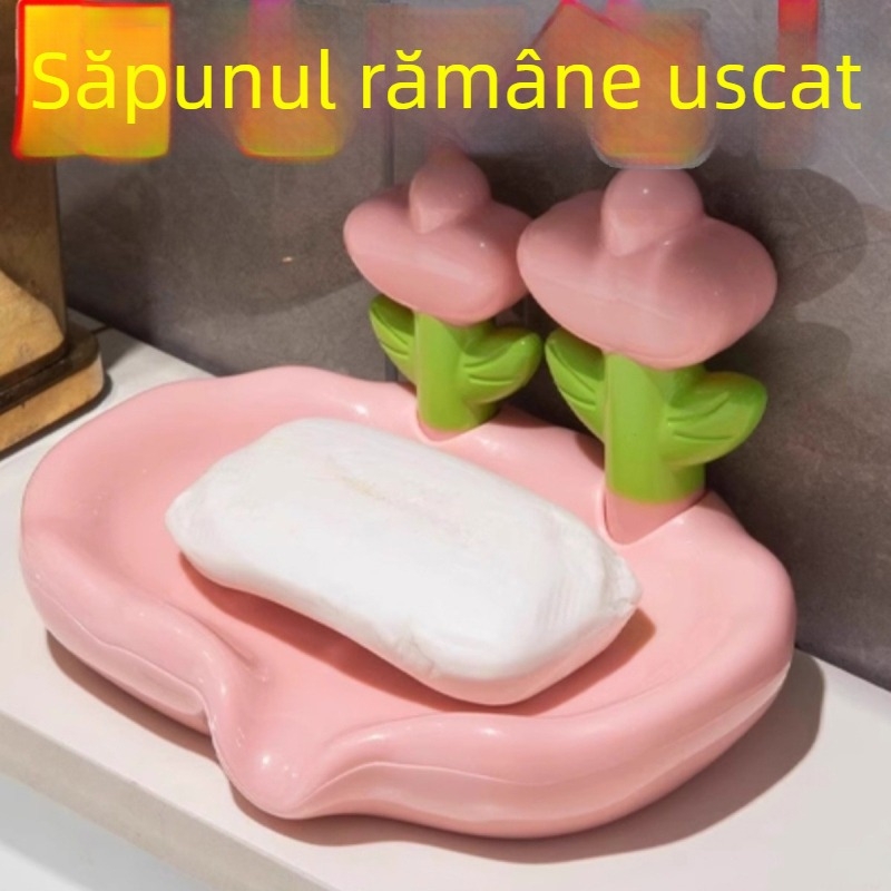 Cutie de săpun din plastic cu drenaj, fără găuri, design floral — organizator pentru chiuvetă
