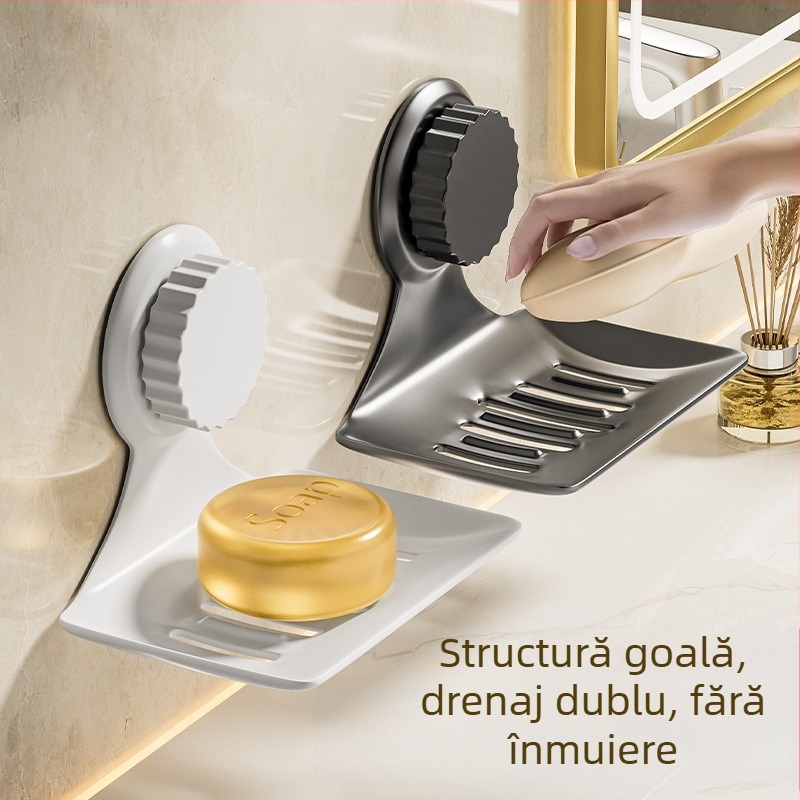 Săpunier metalic montat pe perete cu ventuză, fără găuri, cu drenaj, marca Yujia