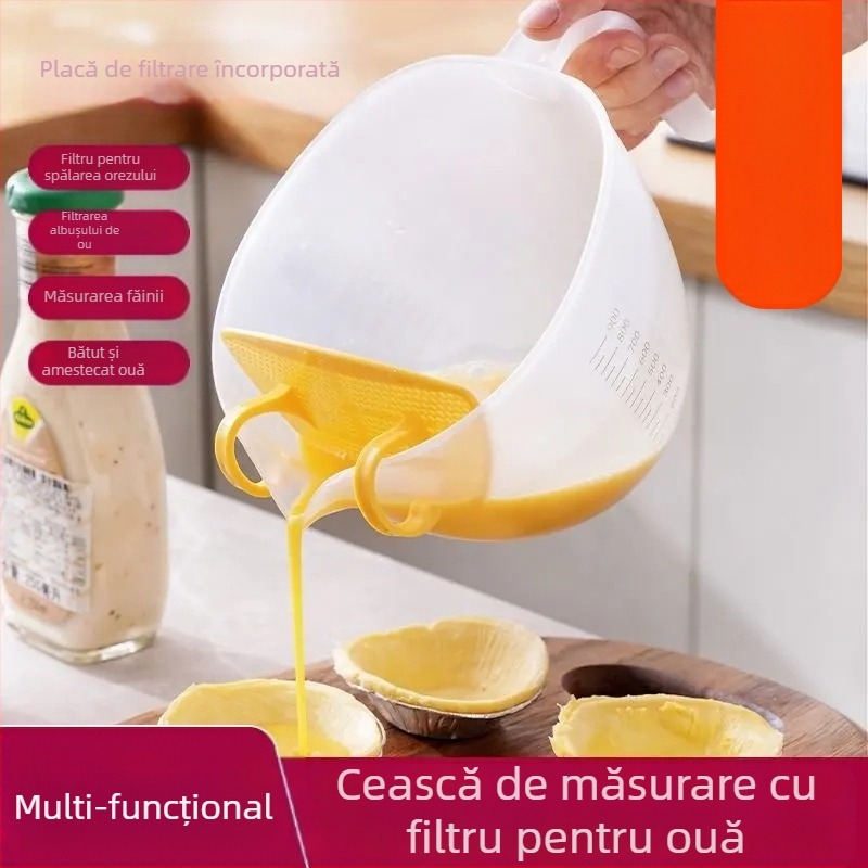 Accesoriu de bucătărie manual pentru spălarea orezului, cu filtru, separator de ouă, cană de măsurare și bol gradat — stil modern minimalist
