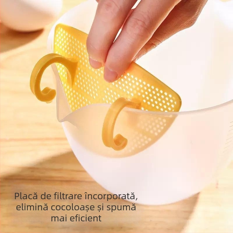 Accesoriu de bucătărie manual pentru spălarea orezului, cu filtru, separator de ouă, cană de măsurare și bol gradat — stil modern minimalist