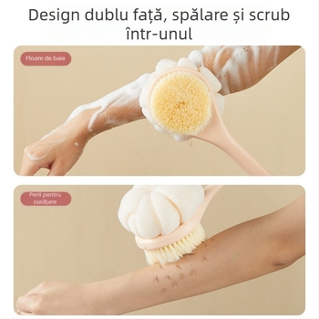 Perie de baie cu mâner lung, dublă față, peri moi, pentru curățarea spatelui, din plastic
