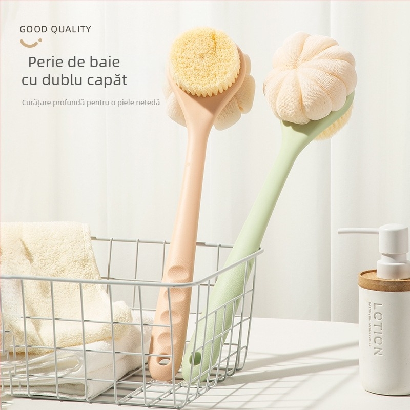 Perie de baie cu mâner lung, dublă față, peri moi, pentru curățarea spatelui, din plastic