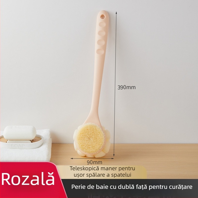 Perie de baie cu mâner lung, dublă față, peri moi, pentru curățarea spatelui, din plastic