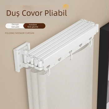 Cortină de duș cu tijă pliabilă, fără găuri, separator de baie, impermeabilă și antimucegai, uscător reglabil, poliester