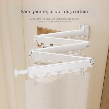 Cortină de duș cu tijă pliabilă, fără găuri, separator de baie, impermeabilă și antimucegai, uscător reglabil, poliester