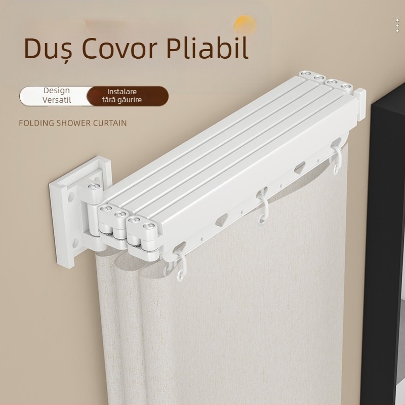 Cortină de duș cu tijă pliabilă, fără găuri, separator de baie, impermeabilă și antimucegai, uscător reglabil, poliester