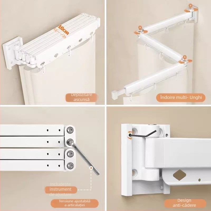 Cortină de duș cu tijă pliabilă, fără găuri, separator de baie, impermeabilă și antimucegai, uscător reglabil, poliester