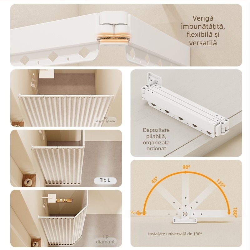 Cortină de duș cu tijă pliabilă, fără găuri, separator de baie, impermeabilă și antimucegai, uscător reglabil, poliester