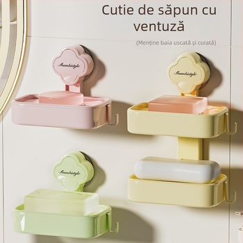 Cutie de săpun din plastic, montaj pe perete cu ventuză, drenaj, două niveluri