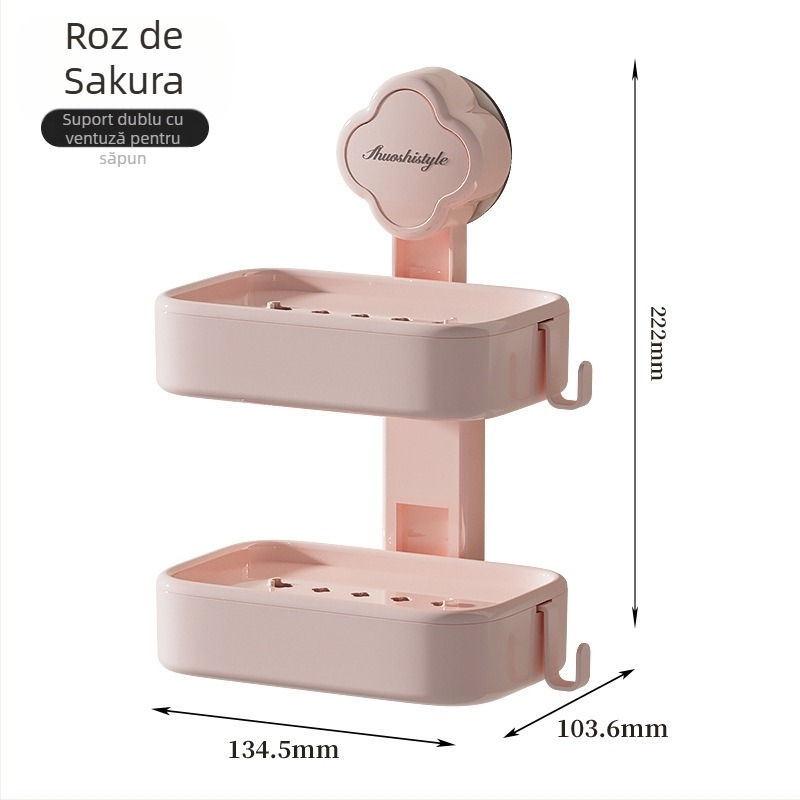 Cutie de săpun din plastic, montaj pe perete cu ventuză, drenaj, două niveluri