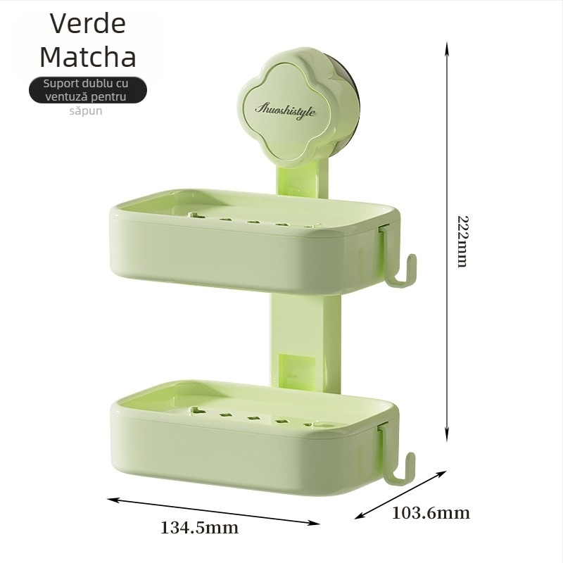 Cutie de săpun din plastic, montaj pe perete cu ventuză, drenaj, două niveluri