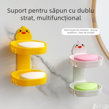 Suport săpun dublu pentru baie, din plastic, cu ventuză, rață galbenă desen animat