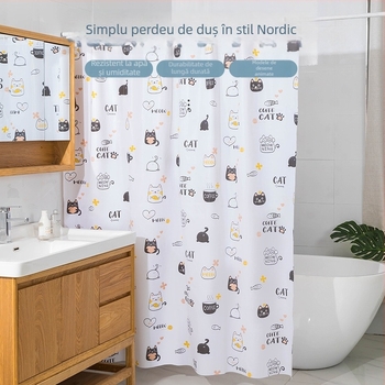Perdea de duș PEVA, îngroșată, fără găuri de montaj, impermeabilă, stil modern simplu, imprimeuri (Dandelion, Pink Flower, Forest, Kitten, Geometric)
