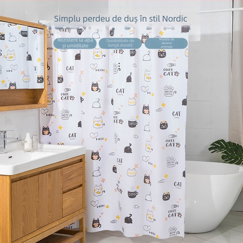 Perdea de duș PEVA, îngroșată, fără găuri de montaj, impermeabilă, stil modern simplu, imprimeuri (Dandelion, Pink Flower, Forest, Kitten, Geometric)
