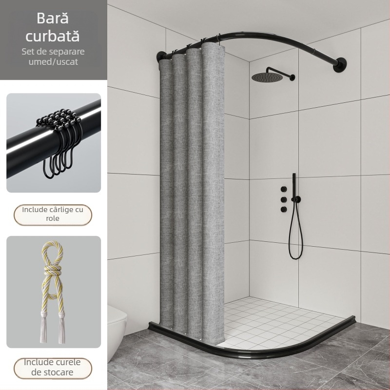 Set perdea de duș curbată, fără găuri, magnetică, impermeabilă și rezistentă la mucegai, poliester, pentru separator de duș în formă de L