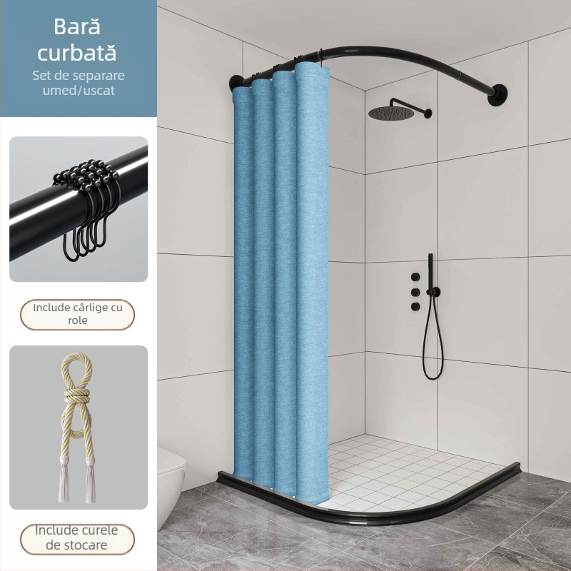 Set perdea de duș curbată, fără găuri, magnetică, impermeabilă și rezistentă la mucegai, poliester, pentru separator de duș în formă de L