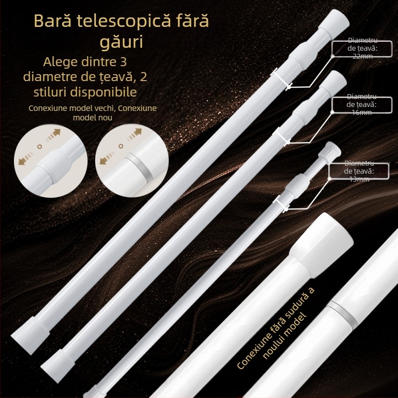 Bară telescopică fără găuri pentru uscat haine și perdea de ușă; reglabilă, din fier; pentru susținere garderobă și baie; stil modern minimalist