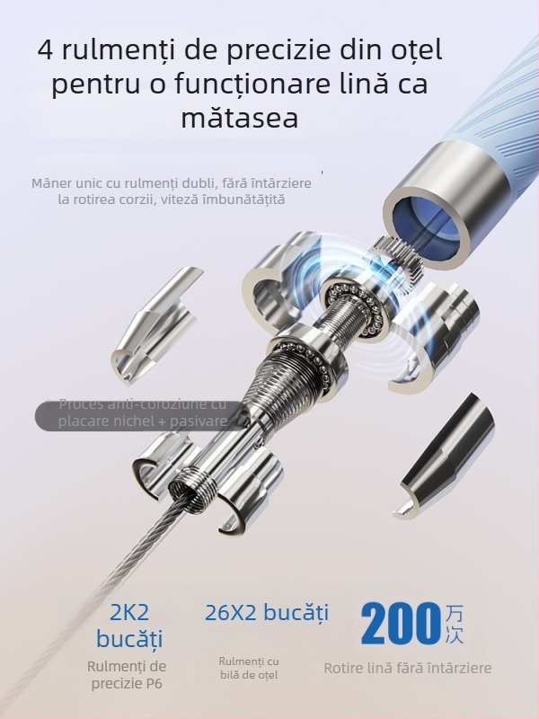 Coardă de sărit cu rulmenți de precizie, anti încâlcire, reglabilă cu blocare automată, profesională