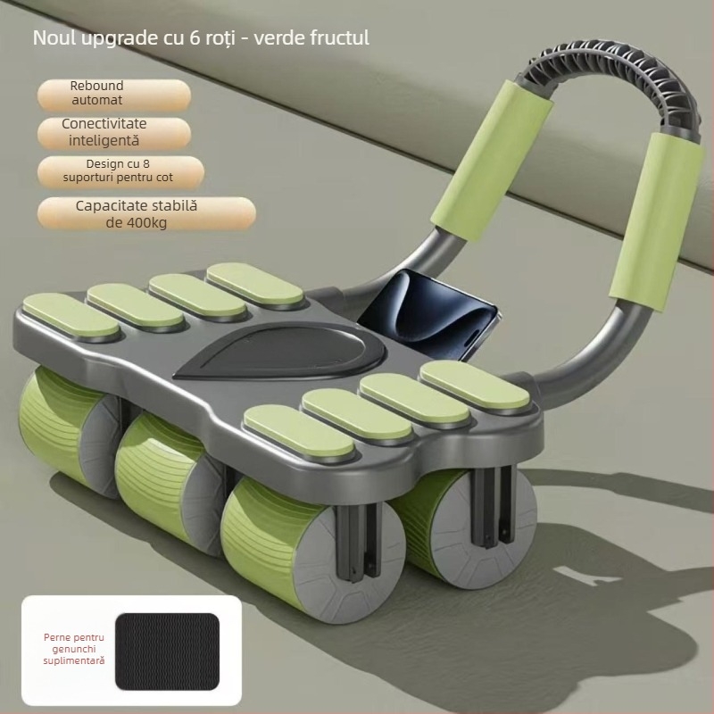 Roata pentru abdomen cu șase roți, revenire automată cu arc, numărător inteligent de repetări, mâner reglabil, suport pentru telefon