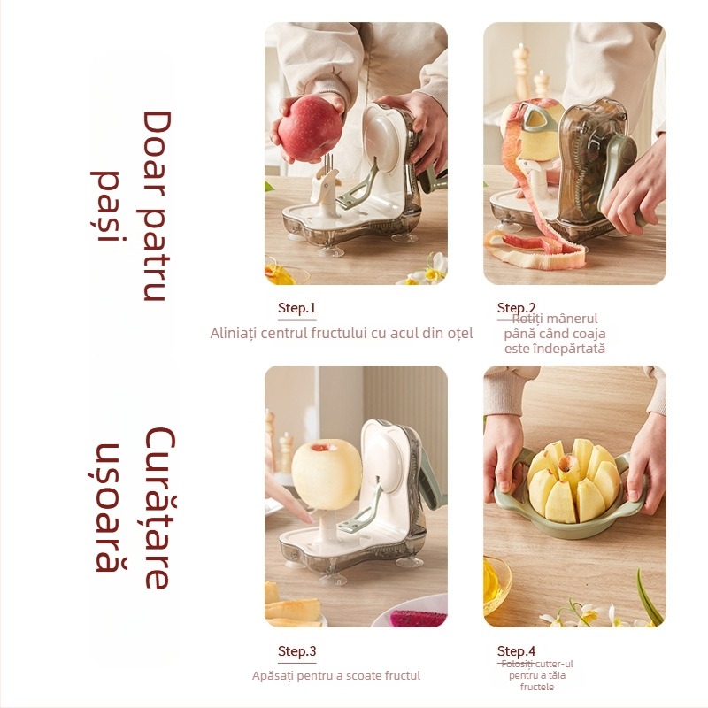 Liren decojit rotativ manual cu divizor de fructe – din plastic, pentru decojit fructe și legume, stil chinezesc nou