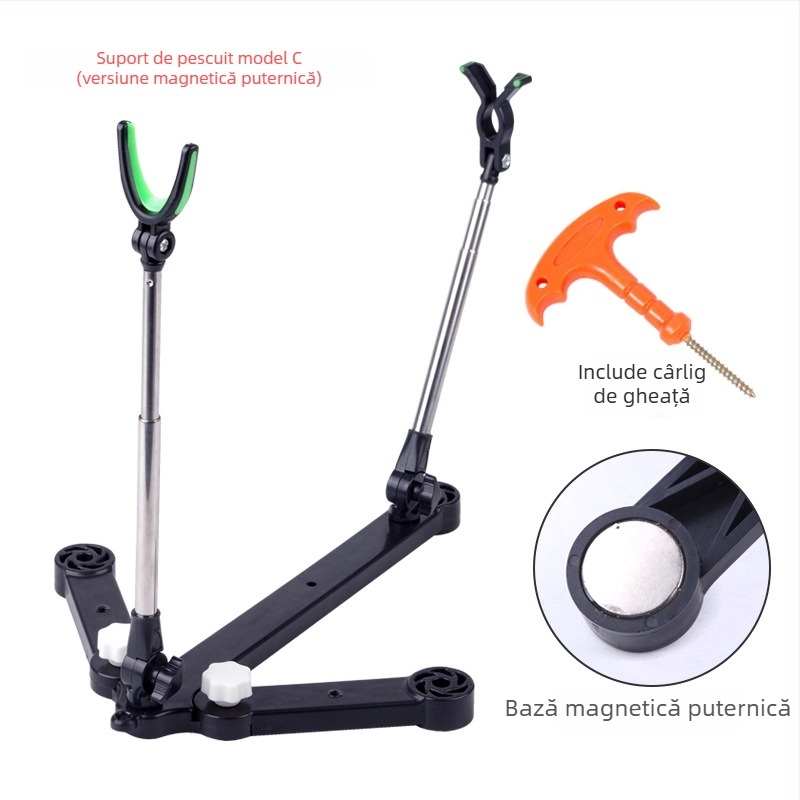 Suport reglabil pentru undițe pentru plută, barcă și pescuit pe gheață, cu iluminare; material: oțel inoxidabil și ABS