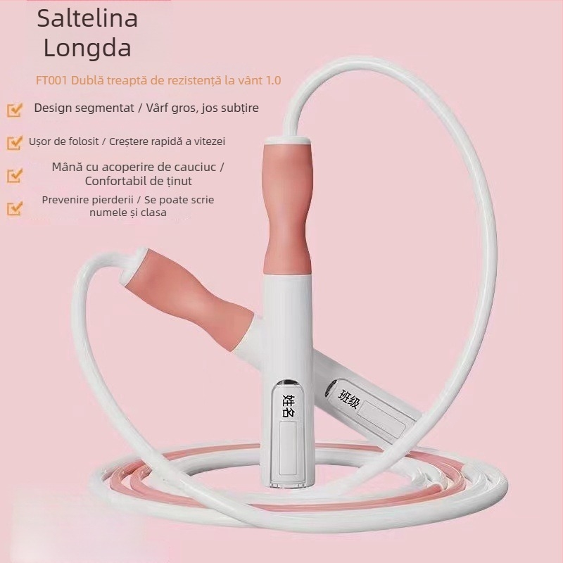 Coardă de sărit cu mișcare oscilatorie stânga-dreapta, rezistentă la vânt, versiunea 1.0, destinată orelor de educație fizică ale elevilor, ușor de folosit, durabilă, cu etichetă de nume și husă de depozitare