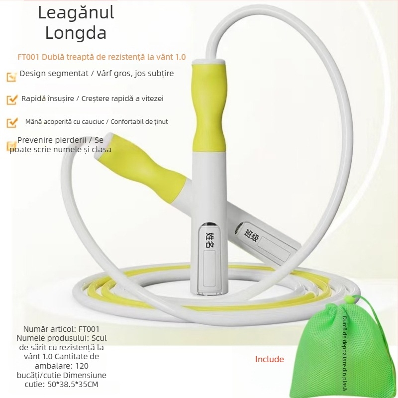 Coardă de sărit cu mișcare oscilatorie stânga-dreapta, rezistentă la vânt, versiunea 1.0, destinată orelor de educație fizică ale elevilor, ușor de folosit, durabilă, cu etichetă de nume și husă de depozitare