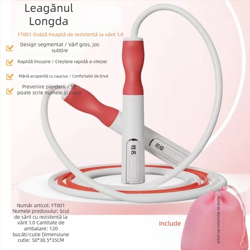 Coardă de sărit cu mișcare oscilatorie stânga-dreapta, rezistentă la vânt, versiunea 1.0, destinată orelor de educație fizică ale elevilor, ușor de folosit, durabilă, cu etichetă de nume și husă de depozitare