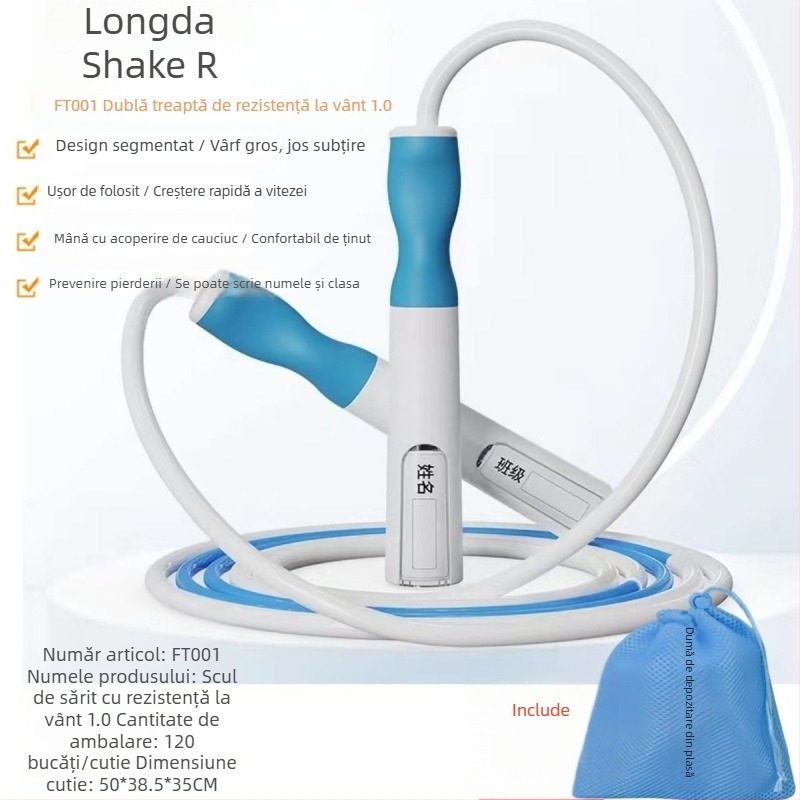 Coardă de sărit cu mișcare oscilatorie stânga-dreapta, rezistentă la vânt, versiunea 1.0, destinată orelor de educație fizică ale elevilor, ușor de folosit, durabilă, cu etichetă de nume și husă de depozitare