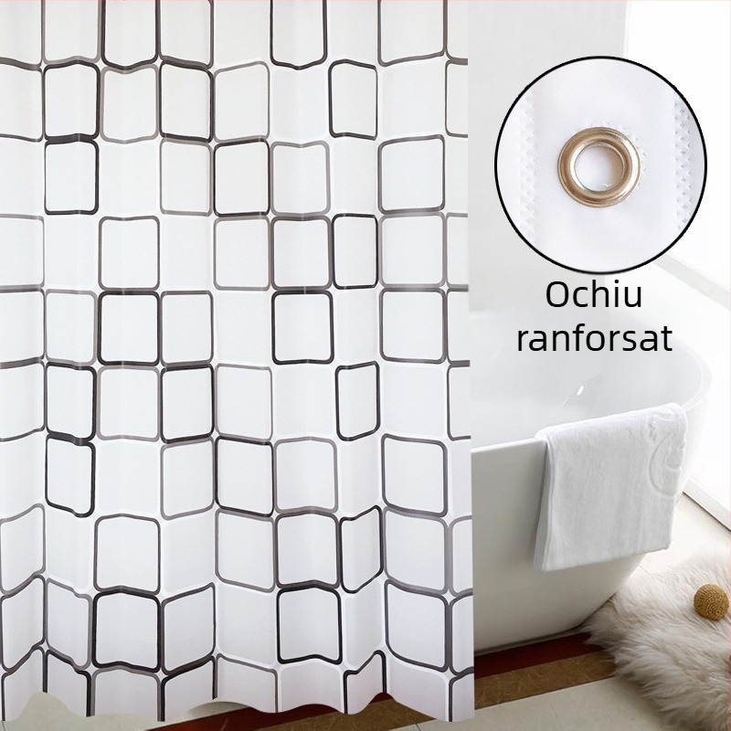 Cortină de duș PEVA cu model pătrat alb – impermeabilă și rezistentă la mucegai, stil Nordic, pentru baie, fereastră și separator de spațiu, de agățat