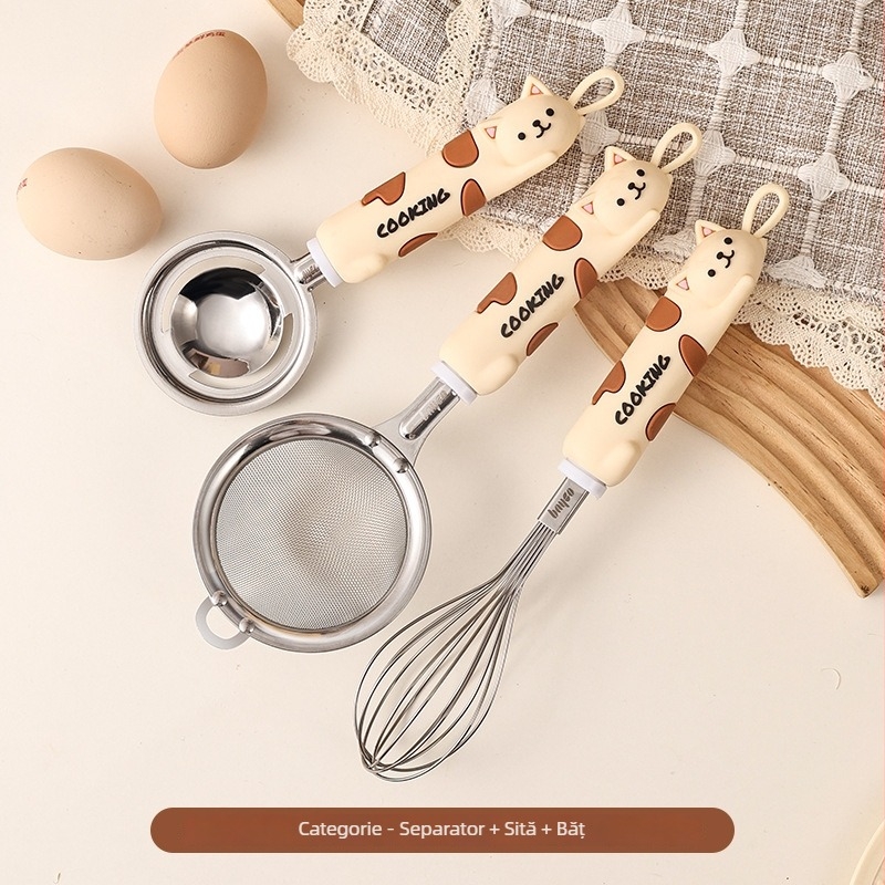Set de bucătărie din oțel inoxidabil cu pisicuță în stil desen animat: tel, separator de albușuri, sită pentru făină și zdrobitor de cartofi