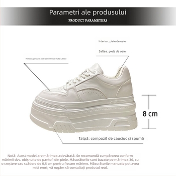 Adidași din piele naturală, cu șireturi, talpă groasă pentru creșterea înălțimii, vârf rotund, talpă din cauciuc, căptușeală din blană de miel
