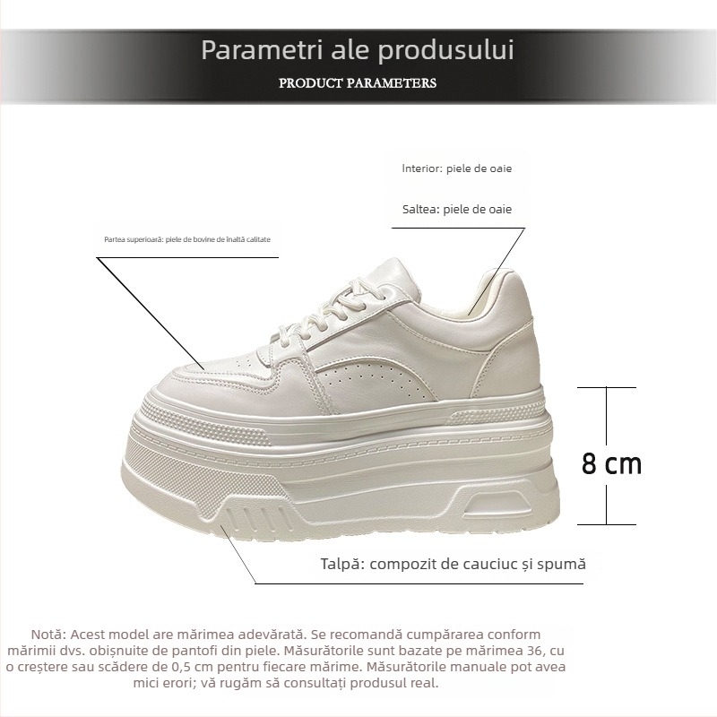 Adidași din piele naturală, cu șireturi, talpă groasă pentru creșterea înălțimii, vârf rotund, talpă din cauciuc, căptușeală din blană de miel