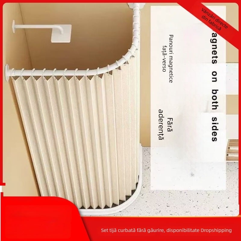 Set perdele de duș pliabile cu magnet, fără găuri, țesătură impermeabilă din in, duș curbat pentru cadă și toaletă, separare uscat-umed