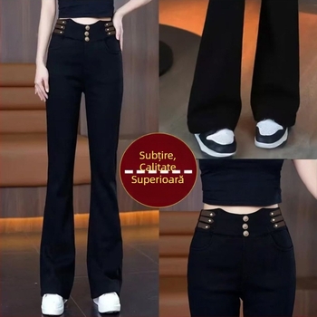 Jeans dama cu talie înaltă și croială bootcut, din denim bumbac, căptușite cu fleece pentru căldură, țesătură groasă, pantaloni lungi, toamnă 2025