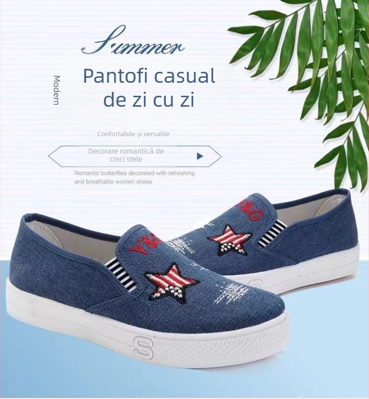 Pantofi slip-on din denim pentru femei, platformă, vârf rotund, respirabili, talpă din plastic