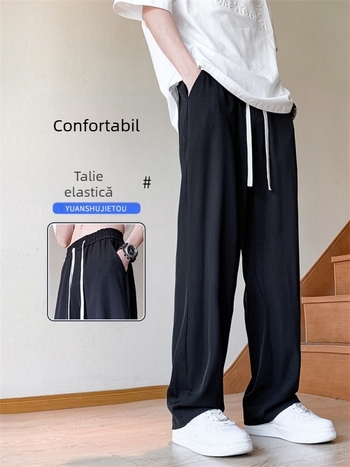 Pantaloni bărbăți streetwear, largi, drepti, talie medie, curea și închidere cu șnur