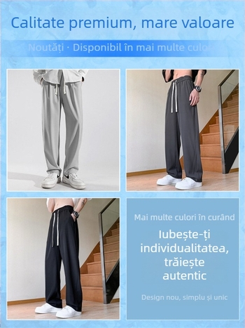 Pantaloni bărbăți streetwear, largi, drepti, talie medie, curea și închidere cu șnur