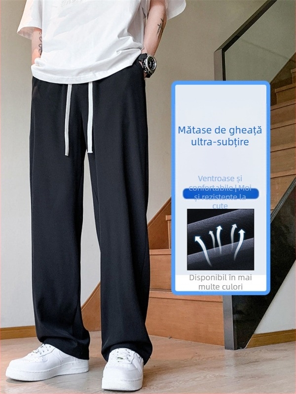 Pantaloni bărbăți streetwear, largi, drepti, talie medie, curea și închidere cu șnur