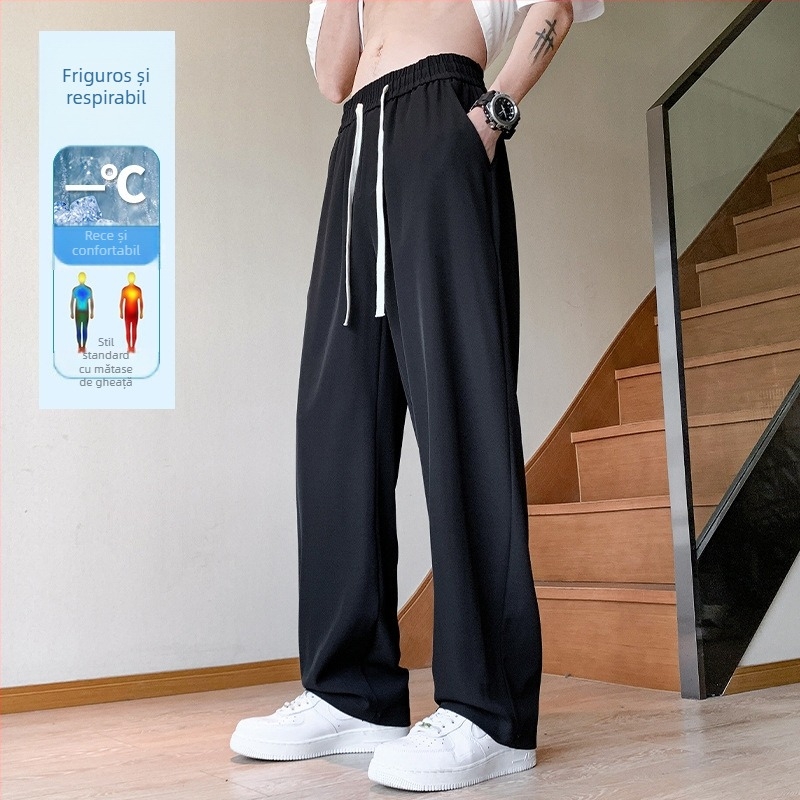 Pantaloni bărbăți streetwear, largi, drepti, talie medie, curea și închidere cu șnur