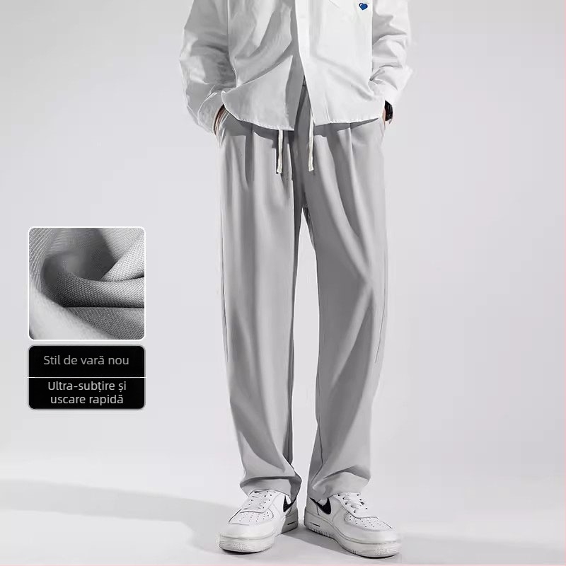 Pantaloni bărbăți streetwear, largi, drepti, talie medie, curea și închidere cu șnur