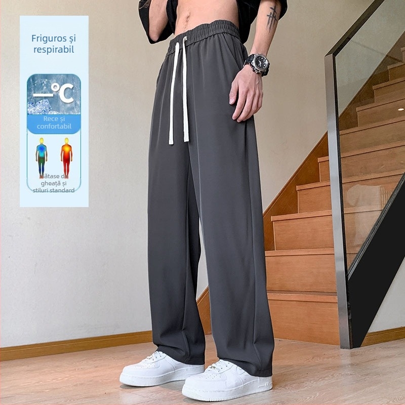 Pantaloni bărbăți streetwear, largi, drepti, talie medie, curea și închidere cu șnur