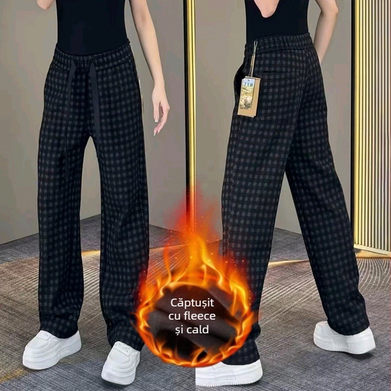 Pantaloni casual drepți pentru bărbați, cu imprimeu în carouri, design de lux discret, țesătură poliester, talie medie, imprimare digitală