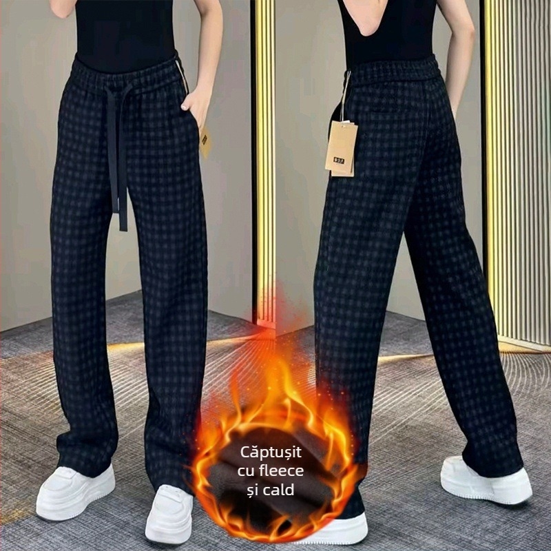 Pantaloni casual drepți pentru bărbați, cu imprimeu în carouri, design de lux discret, țesătură poliester, talie medie, imprimare digitală