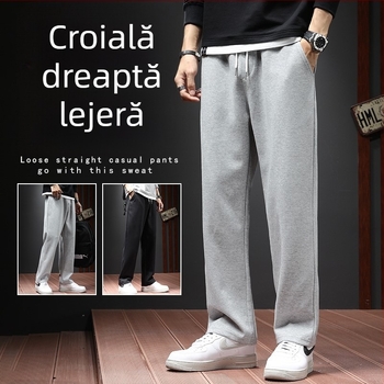 Pantaloni casual bărbați cu croi drept, căptuți cu fleece, talie medie, țesătură poliesterică, pentru toamnă.